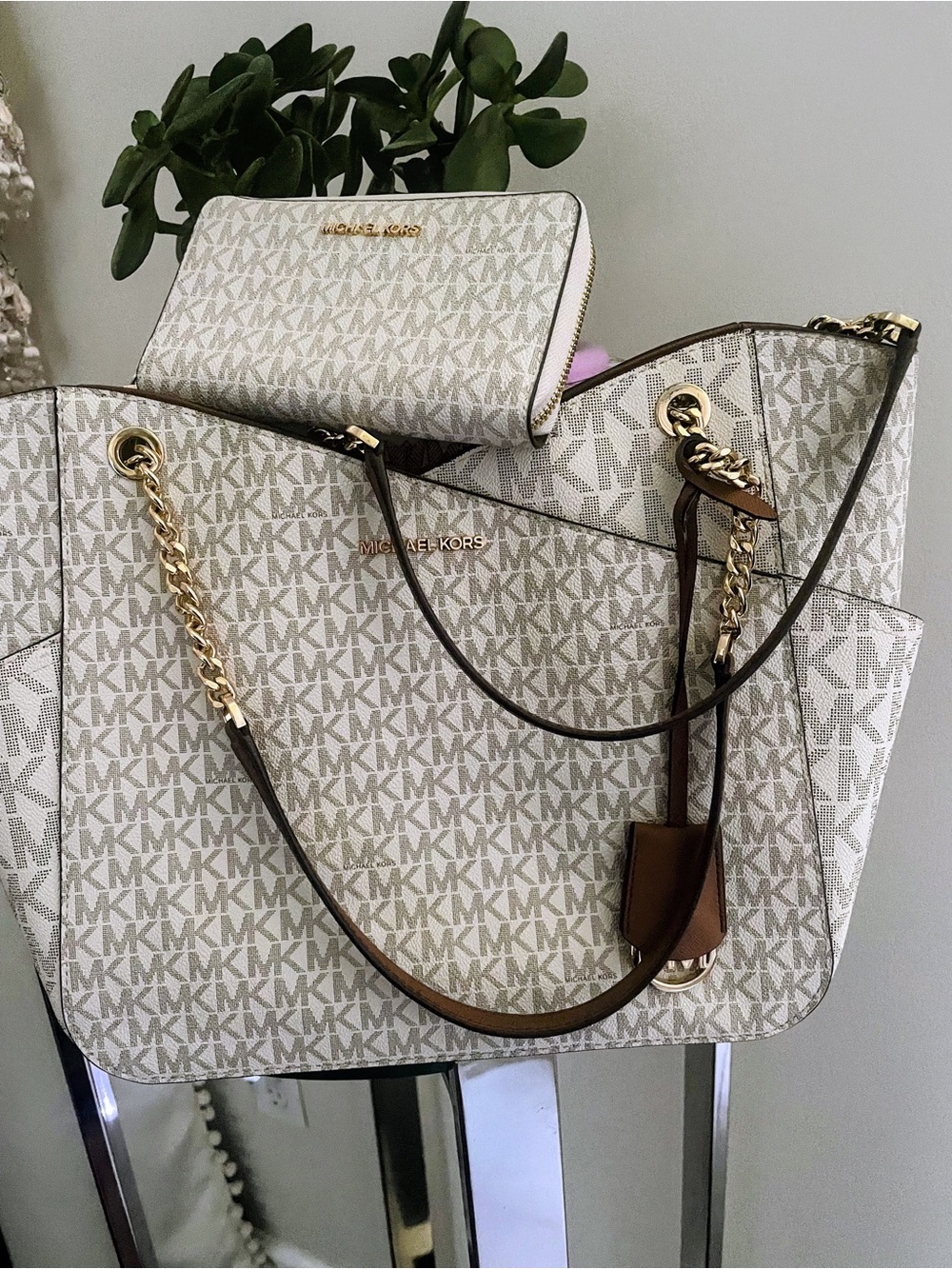 Michael Kors Cream & Brown MK Logo Tote with Wallet
